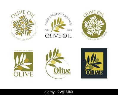 Ensemble de logos vectoriels de branche d'olivier avec des feuilles. Icônes modernes d'huile d'olive vectorielle dessinées à la main. Concept de marque pour la société d'huile d'olive, bio, éco-ami Illustration de Vecteur