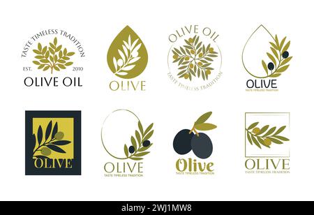 Ensemble de logos vectoriels de branche d'olivier, arbre, feuilles et gouttes. Icônes modernes d'huile d'olive vectorielle dessinées à la main. Concept de marque pour la société d'huile d'olive, bio Illustration de Vecteur