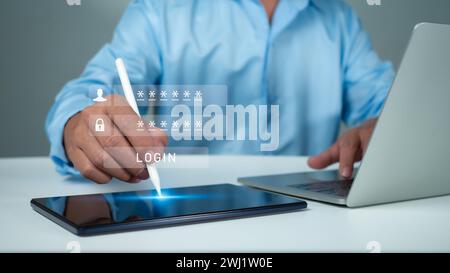 Cybersécurité et mot de passe concept de connexion, mains utilise l'ordinateur et la saisie du nom d'utilisateur et mot de passe du réseau de données, connectez-vous avec ordinateur portable à numérique Infor Banque D'Images