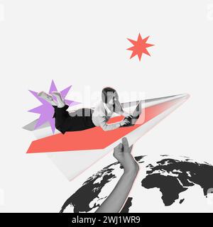 Femme, employé allongé sur l'avion de papier et travaillant sur ordinateur portable tandis que la main humaine tenant l'avion au-dessus du globe. Commerce international. Collage d'art contemporain Banque D'Images