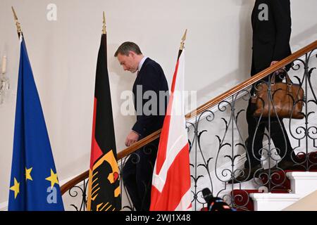 Londres, Royaume-Uni. 12 février 2024. Christian Lindner (FDP), ministre fédéral des Finances, fait une déclaration à la presse lors d'une visite au Royaume-Uni. Le ministre fédéral des Finances se rendra au Royaume-Uni et en Irlande les 12 et 13 février. Crédit : Sebastian Gollnow/dpa/Alamy Live News Banque D'Images