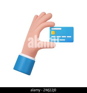 La main de dessin animé 3D de l'homme d'affaires tient la carte de débit ou de crédit. Concept de paiement sans contact ou achats en ligne et banque en ligne. rendu 3d. Vecteur Illustration de Vecteur