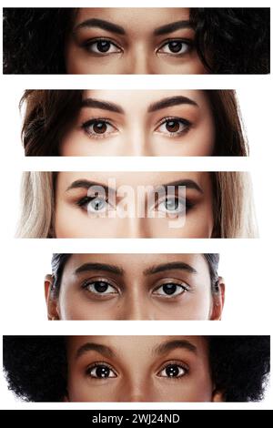 Collage avec des yeux féminins rapprochés d'ethnicité diverse Banque D'Images