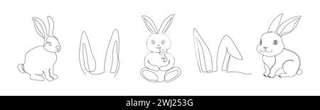 Ensemble de lapins et oreilles de lapin. Dessin continu sur une ligne. Ligne simple Isolé sur fond blanc. Style minimaliste. Eléments de conception pour l'impression Illustration de Vecteur