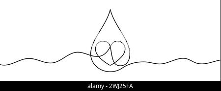 Dessin au trait modifiable en continu de la forme d'une goutte d'eau et d'un coeur. Icône de goutte d'eau à ligne unique. Illustration de Vecteur