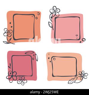 Cadres floraux, ensemble de bordures. Style doodle dessiné à la main, traits et remplissages de ligne de pinceau, palette colorée rose. Formes géométriques carrées. Cadre vide Illustration de Vecteur
