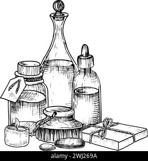 Spa cosmétique avec bouteilles vintage, savon et brosse pour aromathérapie. Illustration vectorielle dessinée à la main de produits de soins du corps pour le massage dans les couleurs noir et blanc. Dessin linéaire d'articles de toilette pour le soin de la peau. Illustration de Vecteur