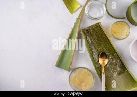 Aloe Vera Making - Aloe Vera crue biologique maison cosmétiques, boissons et nourriture. Les mains des femmes dans le pic disséquent et coupent une feuille d'aloès, faisant, pressant Banque D'Images