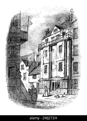 William Caxton's Printing Office, Westminster, Londres, Angleterre. Illustration en noir et blanc de la 'vieille Angleterre' publiée par James Sangster en 1860. Banque D'Images