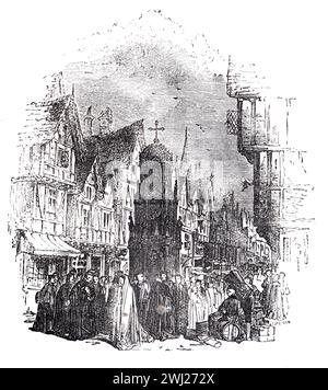 Rue à Cheapside, Londres au 16ème ou 17ème siècle. Illustration en noir et blanc de la 'vieille Angleterre' publiée par James Sangster en 1860. Banque D'Images