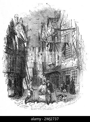 Une rue de Londres du 16ème ou 17ème siècle. Illustration en noir et blanc de la 'vieille Angleterre' publiée par James Sangster en 1860. Banque D'Images