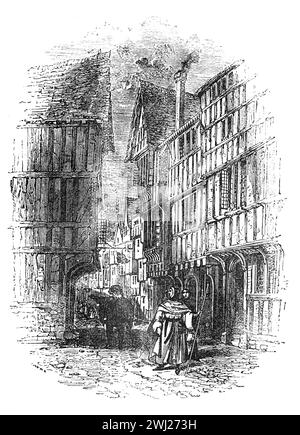 Une rue de Londres au XVIe ou XVIIe siècle. Illustration en noir et blanc de la 'vieille Angleterre' publiée par James Sangster en 1860. Banque D'Images