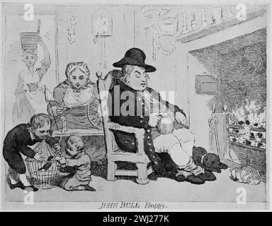 Caricature satirique de James Gillray intitulée John Bull Happy. Illustration en noir et blanc du Connoisseur, un magazine illustré pour collectionneurs Voll 3 (mai-août 1902) publié à Londres. Banque D'Images