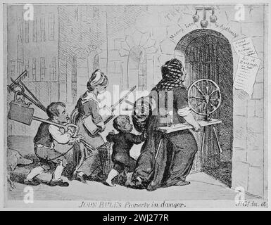 Caricature satirique de James Gillray intitulée John Bull's Property in danger. Illustration en noir et blanc du Connoisseur, un magazine illustré pour collectionneurs Voll 3 (mai-août 1902) publié à Londres. Banque D'Images