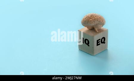 Modèle de cerveau humain sur un cube en bois écrit avec EQ et IQ. Banque D'Images