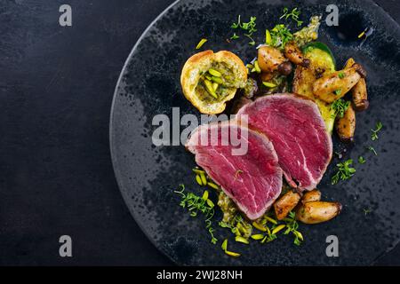 Filet de bœuf de chianina italien frit très rare avec des champignons Banque D'Images