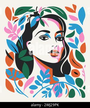 Portrait coloré de femme abstrait dans le style artistique des années 50-60. Beau visage féminin avec des cheveux noirs dans les fleurs et les plantes. Formes simples dessinées à la main. Vecteur Illustration de Vecteur