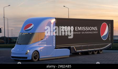 Szczecin, Pologne-février 2024:tLa flotte de Tesla semi Truck que Pepsi a reçu est en opération depuis plusieurs mois.3d render. Banque D'Images