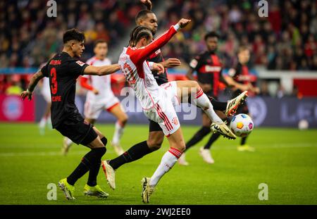 Leverkusen, Allemagne. 10 février 2024. Leroy Sane (Muenchen), Jonathan Tah (Leverkusen), Piero Hincapie (Leverkusen) Bayer Leverkusen - FC Bayern Münche Banque D'Images
