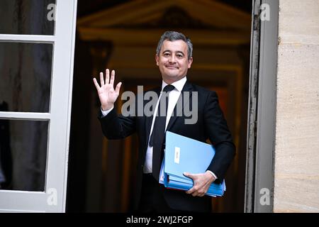 Ministre de l'intérieur Gerald Darmanin lors d'un séminaire ministériel de travail avec le premier ministre français à l'hôtel Matignon le 10 février 2024 à Paris, France. Banque D'Images
