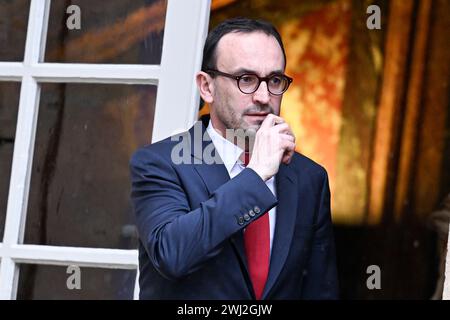 Paris, France. 10 février 2024. Thomas Cazenave Ministre de l'action publique et des comptes lors d'un "séminaire de travail" ministériel du gouvernement avec le premier ministre français à l'Hôtel Matignon le 10 février 2024 à Paris, France. Crédit : Victor Joly/Alamy Live News Banque D'Images