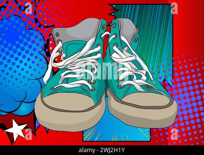 Chaussure de dessin animé, bande dessinée vêtements de sport rétro vecteur comics pop art design. Illustration de Vecteur