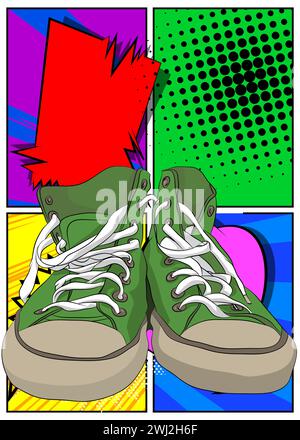 Chaussure de dessin animé, bande dessinée vêtements de sport rétro vecteur comics pop art design. Illustration de Vecteur