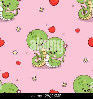 Modèle sans couture avec serpent romantique sur fond rose avec des coeurs. Mignon personnage animal reptile kawaii valentine. Illustration vectorielle Illustration de Vecteur