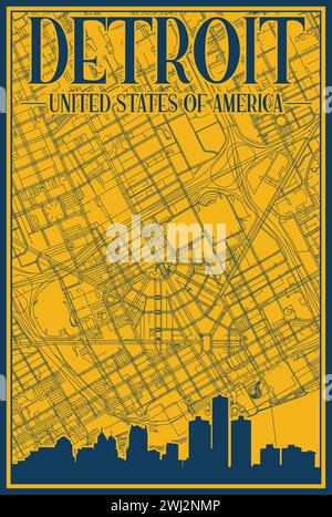 Réseau routier et affiche d'horizon du centre-ville de DETROIT, ÉTATS-UNIS D'AMÉRIQUE Illustration de Vecteur