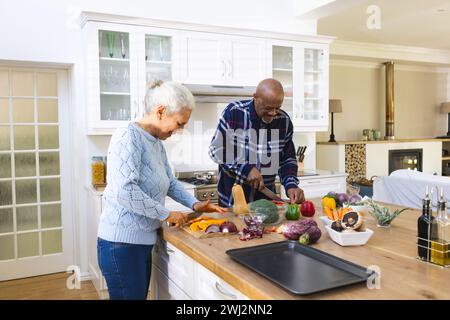 Couple senior diversifié hachant des légumes dans la cuisine Banque D'Images