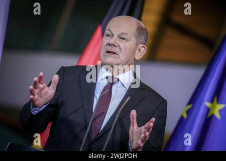 Berlin, Allemagne. 12 février 2024. Le chancelier fédéral Olaf Scholz (SPD) donne une conférence de presse à la Chancellerie fédérale. Crédit : Kay Nietfeld/dpa/Alamy Live News Banque D'Images