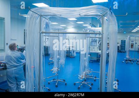 Schwerin, Allemagne. 12 février 2024. Dans la salle blanche de la société Human Med AG, des tubes sont préparés pour être assemblés dans des dispositifs médicaux de liposuccion. L’entreprise basée à Schwerin et l’Université et le Centre médical universitaire Rostock travaillent ensemble sur ce projet. Le dispositif utilise des vibrations ou un jet d'eau pour aspirer la graisse du corps humain et est utilisé dans le traitement chirurgical du lipoœdème, un trouble de la distribution de graisse. Crédit : Jens Büttner/dpa/Alamy Live News Banque D'Images