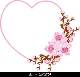 Cadre de coeur avec arrangement de brindilles sakura ou fleur de cerisier. Conception pour les cartes d'invitation ou de vœux. Illustration vectorielle Illustration de Vecteur