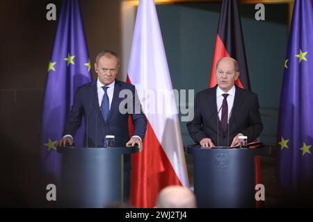 Berlin, Deutschland, 12.02.2024, Bundeskanzleramt : Empfang des polnischen Ministerpräsidenten durch den deutschen Bundeskanzler : Donald Tusk und Olaf Scholz *** Berlin, Allemagne, 12 02 2024 réception du premier ministre polonais par la chancelière allemande Donald Tusk et Olaf Scholz Copyright : xdtsxNachrichtenagenturx dts 30547 Banque D'Images