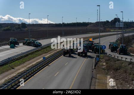12 février 2024 Soses, Spainpol Nouvelle protestation des agriculteurs catalans, cette fois bloquant l'entrée en Catalogne depuis Aragon à ap-2, à Soses. Les tensions avec la police se sont intensifiées car le blocus n'a pas été autorisé. Les Mossos d'Esquadra (police catalane) ont déployé des camionnettes anti-émeute et des hélicoptères. Ils exigent que leurs revendications soient entendues et que la pression ne diminue pas. Ils préparent également des blocages au port de Tarragone et au marché de gros de Barcelone. Nueva protesta de los agricultores catalanes, esta vez bloqueando la entrada a Cataluña desde Aragón, en SOS Banque D'Images