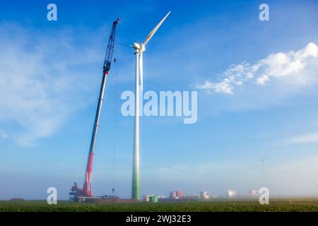 Éoliennes en construction au lever du soleil dans le brouillard. Grue sur chenilles - machines. Bâtiment Banque D'Images