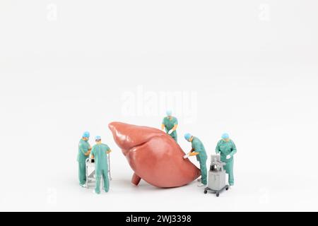 Des personnes miniatures, le médecin et l'équipe médicale infirmière effectuent une opération chirurgicale à la salle d'urgence Banque D'Images