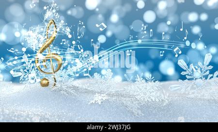 Golden Treble clef Snowflakes partitions - illustration 3D. Banque D'Images