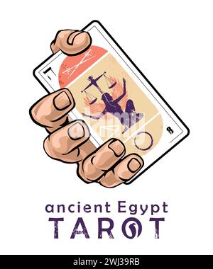 Tarot de l'egypte ancienne. T-shirt design d'une main tenant une carte de tarot égyptien numéro huit sur un fond blanc. Illustration de Vecteur