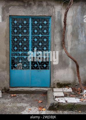 Porte vintage bleue en métal fermée. Portes traditionnelles avec décorations. Entrée de la maison. Banque D'Images