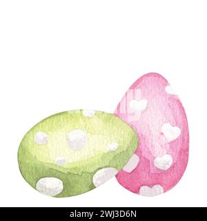 Joyeuses Pâques 2024 clipart. Chasse aux œufs. Poulet peint rose, œufs verts. Illustration d'aquarelle dessinée à la main isolée sur fond blanc. Pour carte Banque D'Images