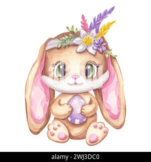 Joyeuses Pâques 2024 lapin avec des fleurs, des feuilles, des plumes. Chasse aux œufs. Clipart d'animal de printemps de lapin. Illustration d'aquarelle dessinée à la main isolée sur blanc Banque D'Images