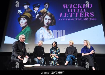 Southbank, Londres. 12/02/2024, Mark Kermode, Olivia Colman, Jessie Buckley, Anjana Vasan et Thea Sharrock sur scène au Mark Kermode en 3D le lundi 12 février 2024 au BFI Southbank, Londres. Mark a discuté avec Olivia Colman, Jessie Buckley, Anjana Vasan et Thea Sharrock du film Wicked Little Letters . Photo de Julie Edwards. Crédit : JEP Celebrity photos/Alamy Live News Banque D'Images