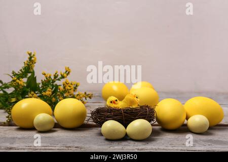 Nid avec des poussins de jouet et des œufs de Pâques peints sur une table en bois gris Banque D'Images
