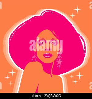 Belle femme avec des cheveux bouclés de style afro, des couleurs acides et psychédéliques. Poster musique soul, funk ou disco style années 60 ou 70 Illustration de Vecteur