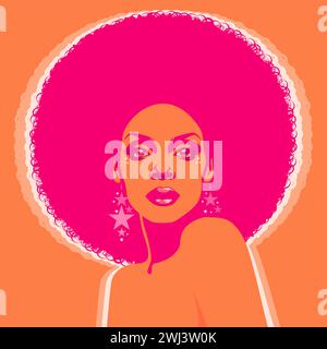 Belle femme avec des cheveux bouclés de style afro, des couleurs acides et psychédéliques. Poster musique soul, funk ou disco style années 60 ou 70 Illustration de Vecteur