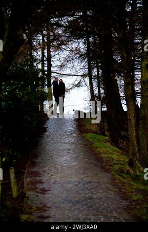 Pathway to Serenity : promenade en couple au bord du lac Banque D'Images