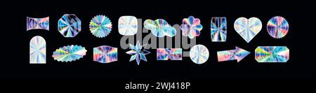 Y2K autocollant holographique set coeurs avec effet chrome. Formes abstraites dans le style hologramme. Illustration vectorielle plate isolée sur fond blanc. Illustration de Vecteur