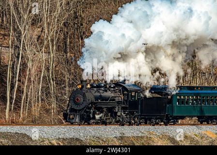 Vue d'un train de passagers à vapeur à voie étroite restauré soufflant de la fumée et voyageant à travers des terres agricoles Banque D'Images