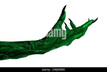 Monstre effrayant. Main verte avec griffes isolé sur blanc Banque D'Images